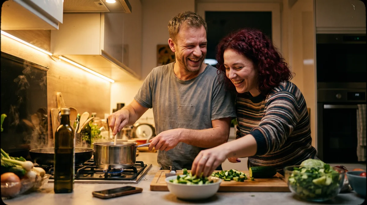 Para razem gotuje wieczorem w kuchni, telefon odłożony, czas prywatny i work-life balance