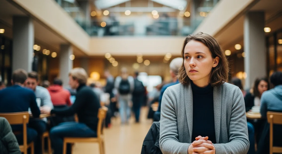 Młoda kobieta siedzi nieruchomo w hałaśliwej kawiarni pośród tłumu – wysoka wrażliwość
