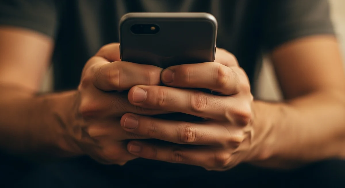Zaciśnięte dłonie mężczyzny trzymającego mocno smartfon, obsesyjna zazdrość i kontrola