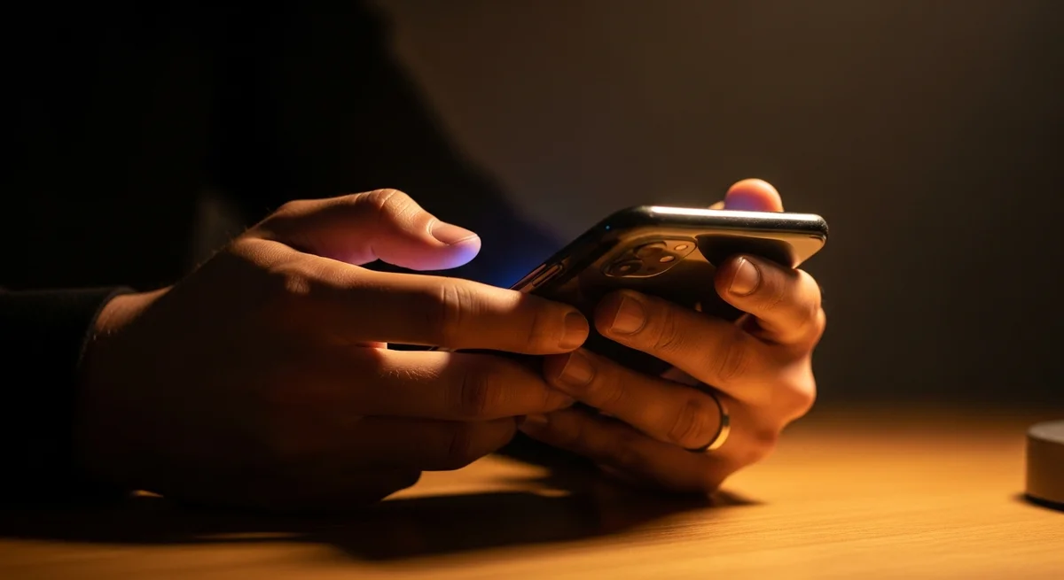 Dłonie z obrączką trzymające telefon z ukrytym ekranem, symbol zdrady