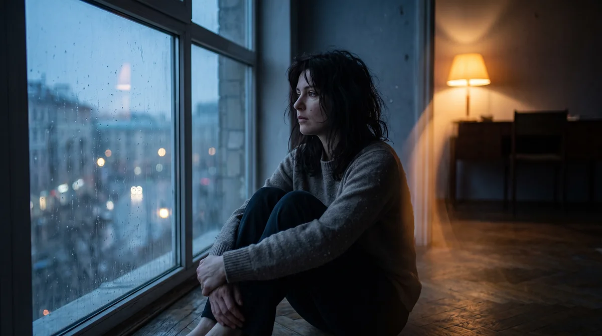 Kobieta siedząca przy oknie w półmroku – PTSD i izolacja po traumie