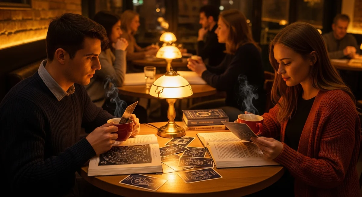 Para w kawiarni analizuje kompatybilność znaków zodiaku z książkami o astrologii